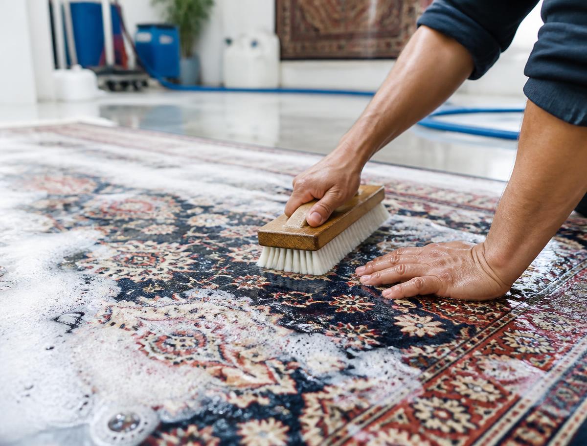 Rug specialist hand-washing a patterned oriental rug with a soft brush in a bright cleaning facility